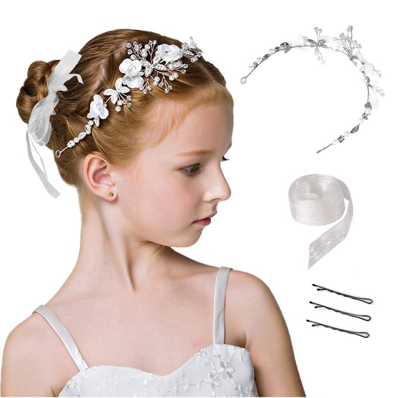 Locisne Flower Girl Headpiece Princess Wedding Accessories, Silver Hair Headband Flower Crown for Girls - Image 2